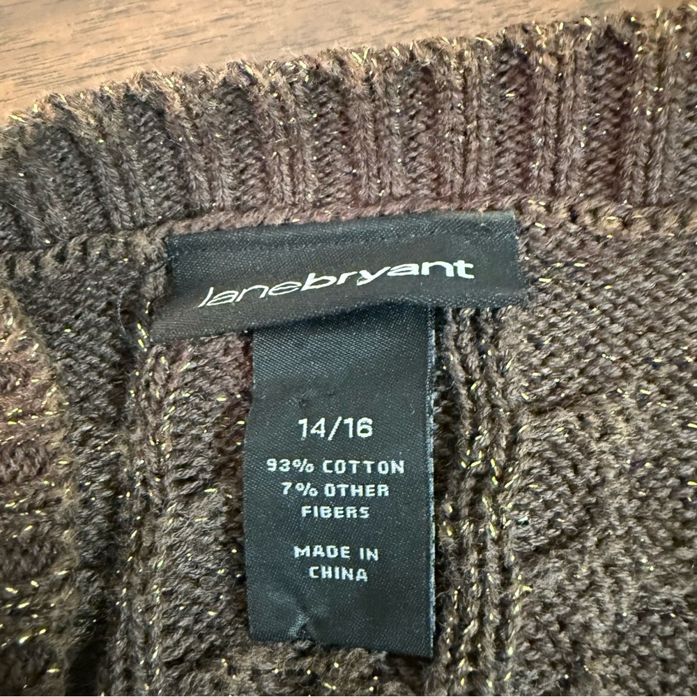 Lane Bryant Brown with subtle Metallic Threading, Oversized, Deep V Neck Sweater - Picture 6 of 6
